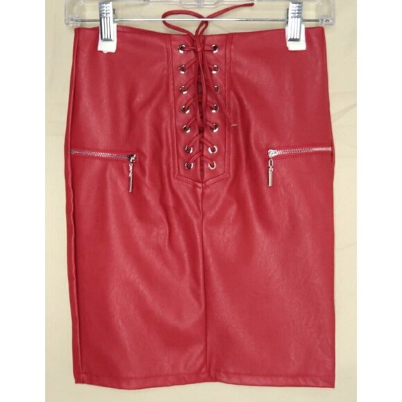 NWT Edge Street Red Faux Leather Mini Skirt Zippers Lace Up Vegan Women's XS - Picture 1 of 8